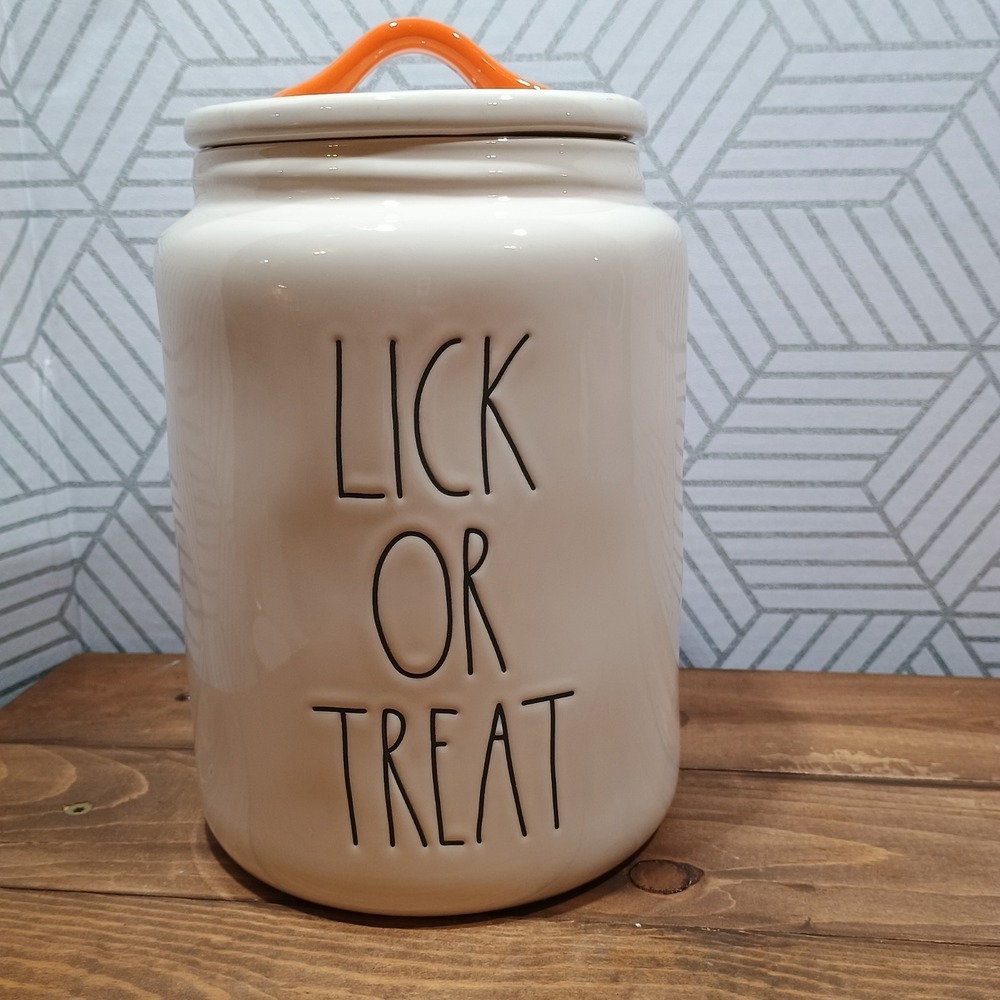 Rae Dunn LICK OR TREAT White & Orange Canister for Pet Treats w/ gasket seal